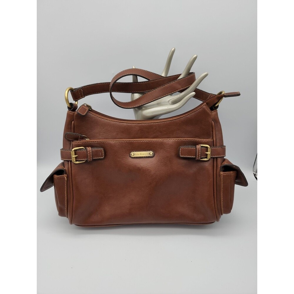 John Romaine Vinyl Brown Purse With Strap Multiple Pockets